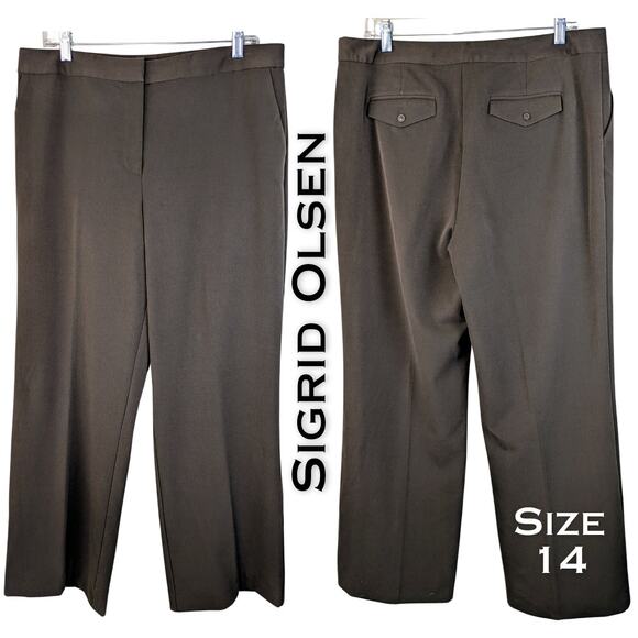 Sigrid Olsen Modernist Dress Pants Size 14 Brown Straight Leg Career Pockets - Picture 1 of 10